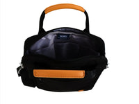Black laptop bag with orange trim, zip pocket, and adjustable shoulder strap
