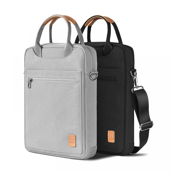 13-inch laptop bag set in light and dark gray with zip front pocket and top handle