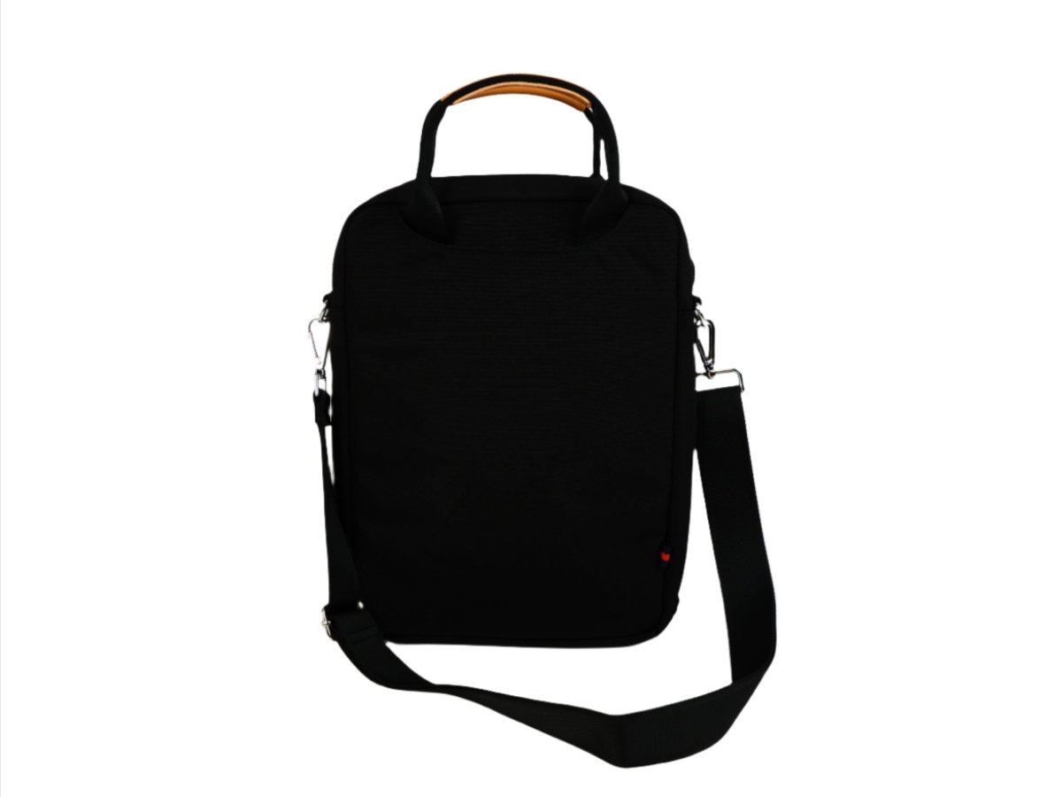 Black 13-inch laptop bag with top handle and shoulder strap