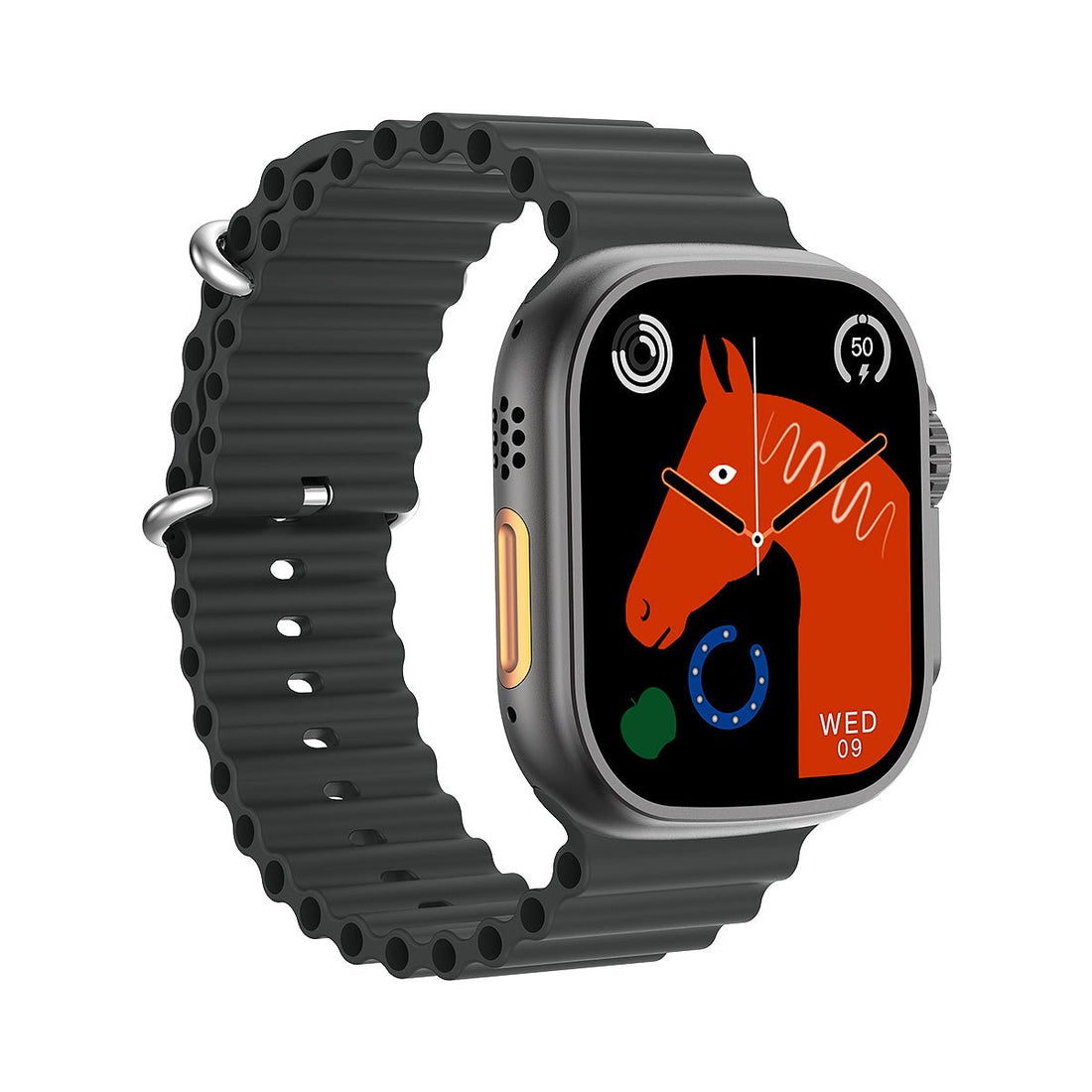 Dark silicone Apple Watch band with protective case, horse screen design