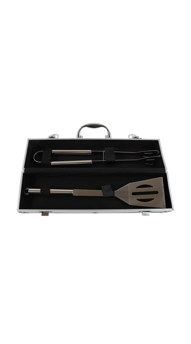 BBQ grill tool set open in black-lined case with spatula, tongs, and fork