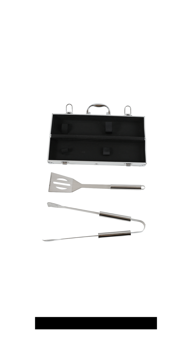 BBQ grill tool set with open black case and three utensils: spatula, fork, tongs