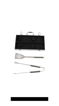 BBQ grill tool set with open black case and three utensils: spatula, fork, tongs