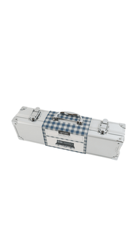 BBQ grill tool set in silver carry case with blue plaid panel