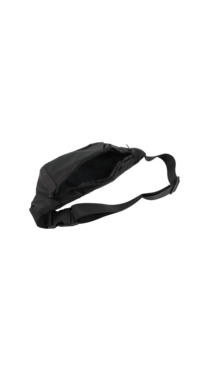 Black waist bag with adjustable shoulder strap and zippered main compartment