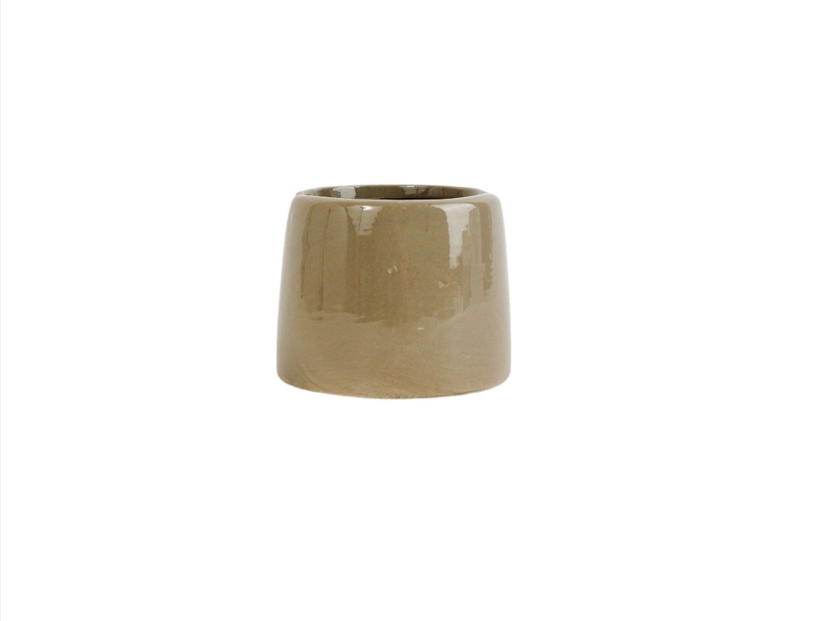 Ceramic toothbrush holder, glossy tan cylinder with open top