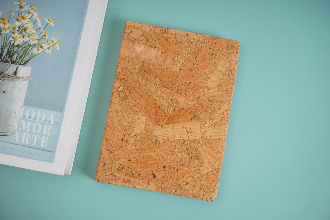 Wood-grain cork notebook, closed