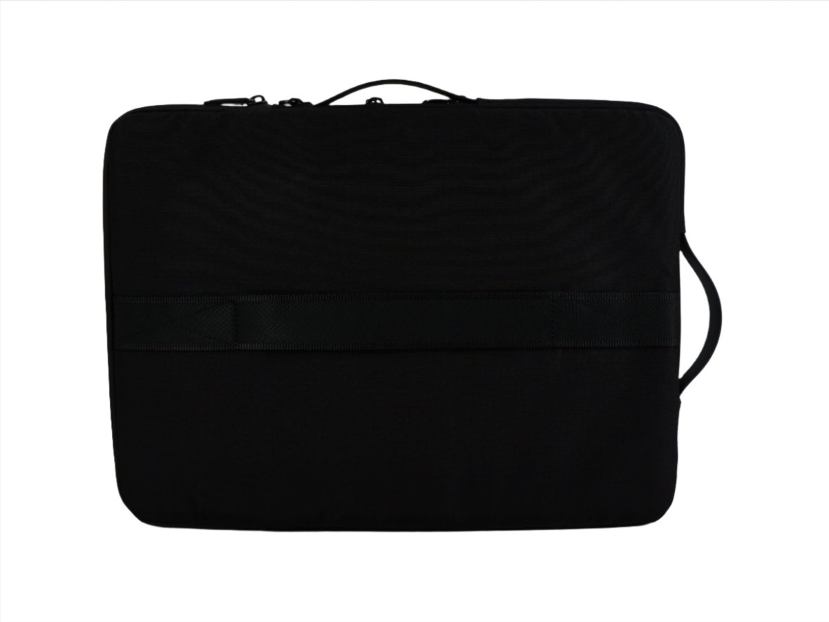 Black laptop sleeve front view with horizontal zipper seam and top handle.