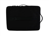 Black laptop sleeve front view with horizontal zipper seam and top handle.