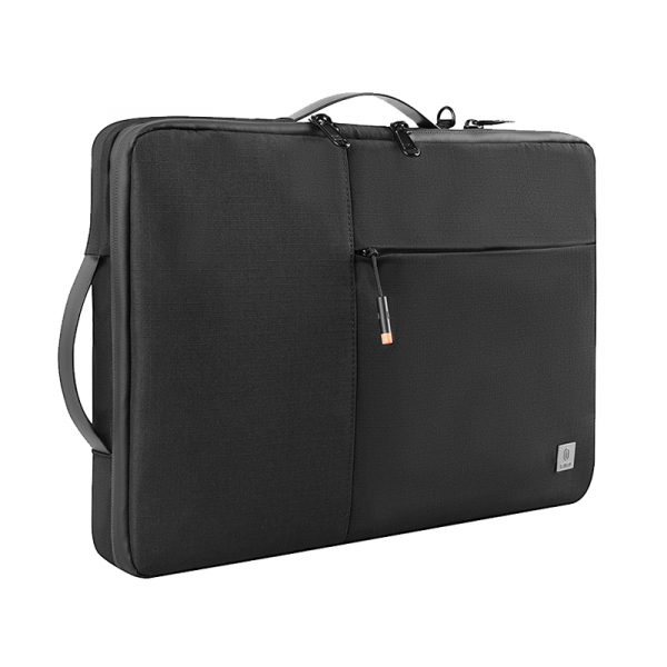 Black laptop sleeve with side pocket zipper, padded panel, and carrying strap.