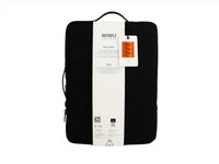 Black laptop sleeve with hanging retail tags and barcode card attached to front.