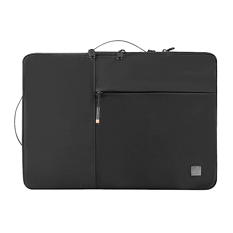 Black laptop sleeve with top handle, front zipper pocket, and metal accents.