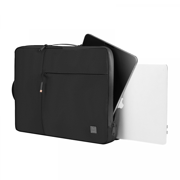 Laptop sleeve with zipper pocket, open top, and adjustable hand strap; dark fabric.