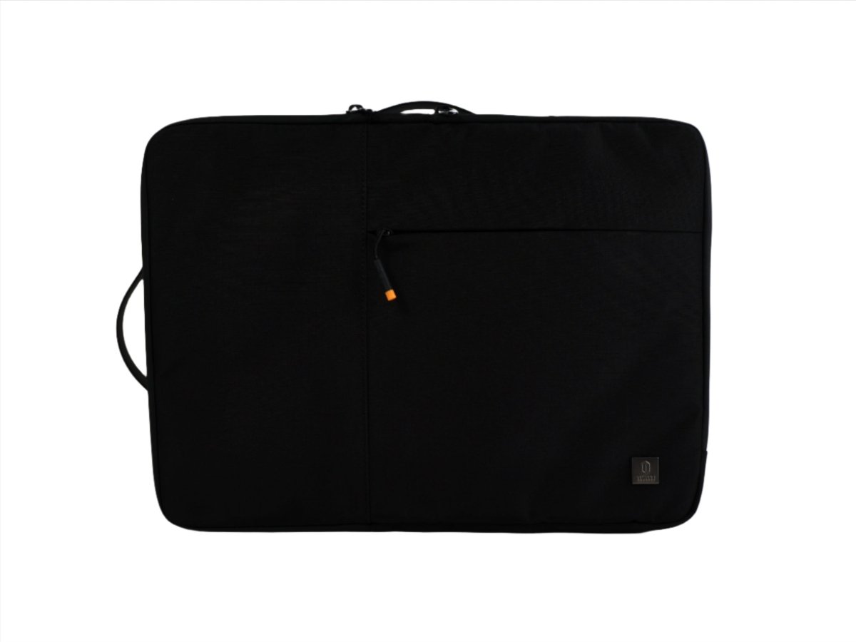 Black laptop sleeve with top handle and small logo badge on front panel.