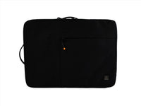 Black laptop sleeve with top handle and small logo badge on front panel.