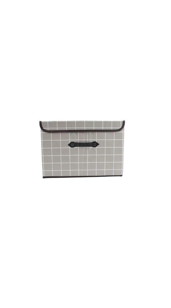Fabric storage box with gray grid fabric and black label-style carry handle