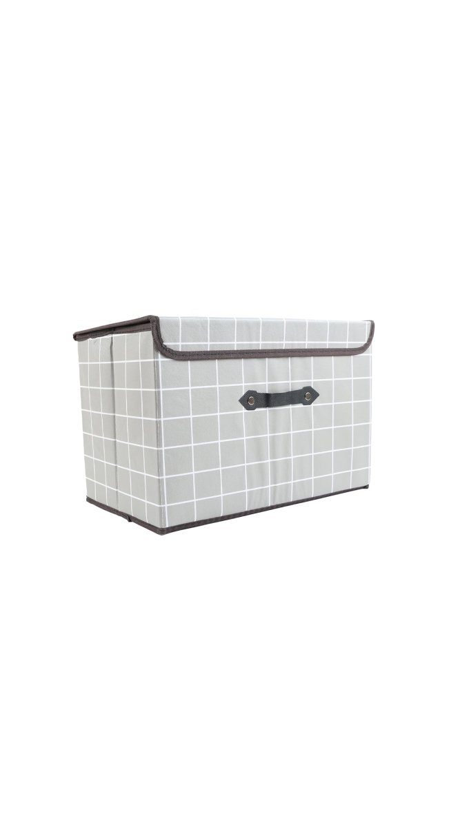 Fabric storage box with gray grid pattern and black carry handle, open top rim