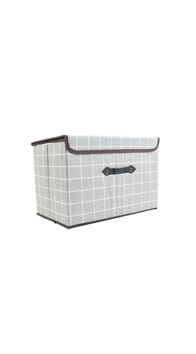 Fabric storage box with gray grid pattern and black carry handle, open top rim