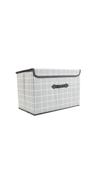 Fabric storage box with gray grid pattern and black carry handle, open top rim