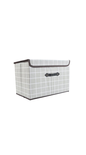 Fabric storage box with gray grid pattern and black carry handle, open top rim