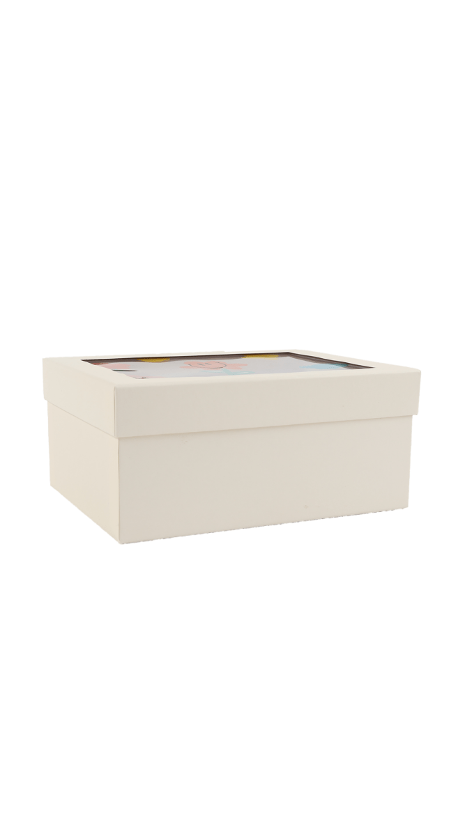 Rectangular gift box with hinged lid, solid light-colored finish