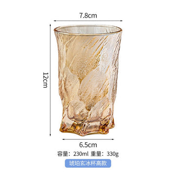 Amber textured glass tumbler, faceted pattern with thick base, 330 ml capacity.