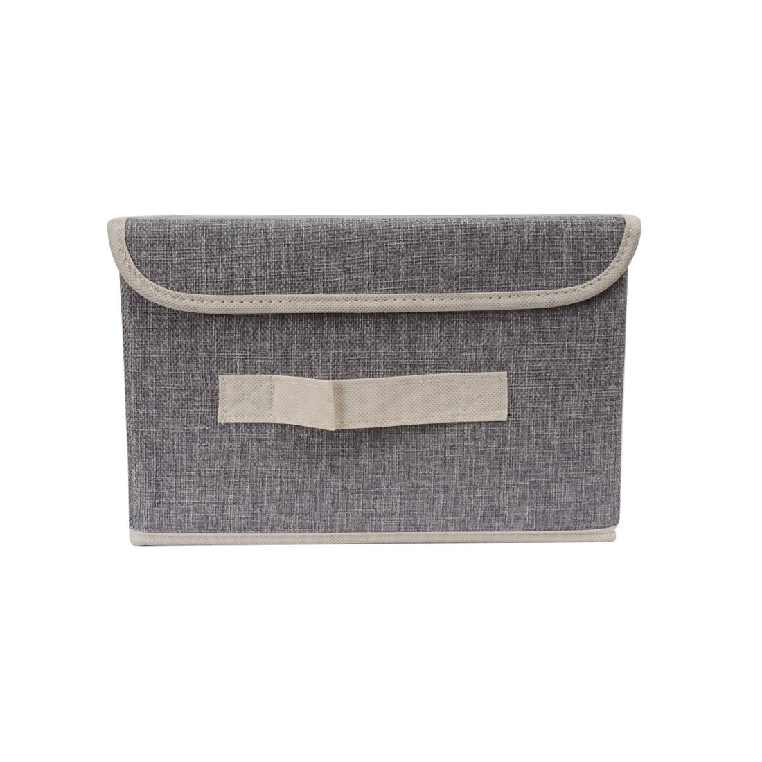 Gray fabric storage box with curved top edge and front fabric pull tab