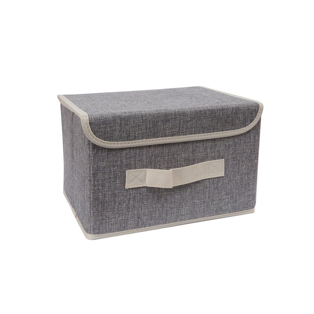 Gray fabric storage box with hinged lid and stitched side trim
