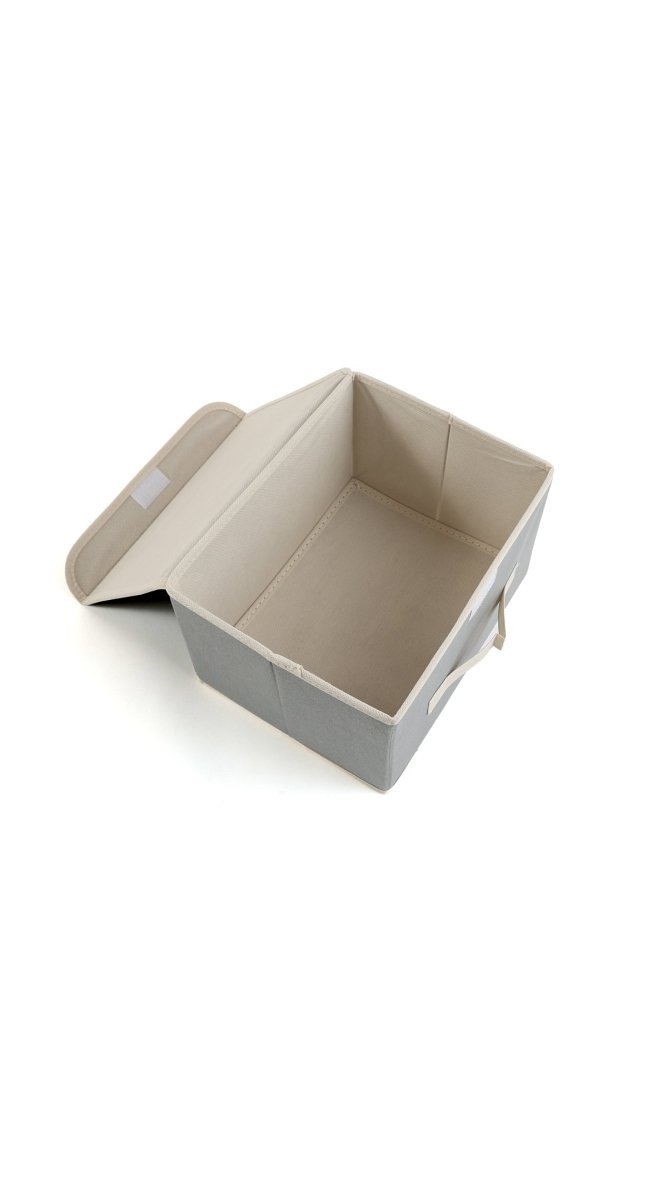 Fabric storage box, dark gray with light trim, hinged open top and interior compartments