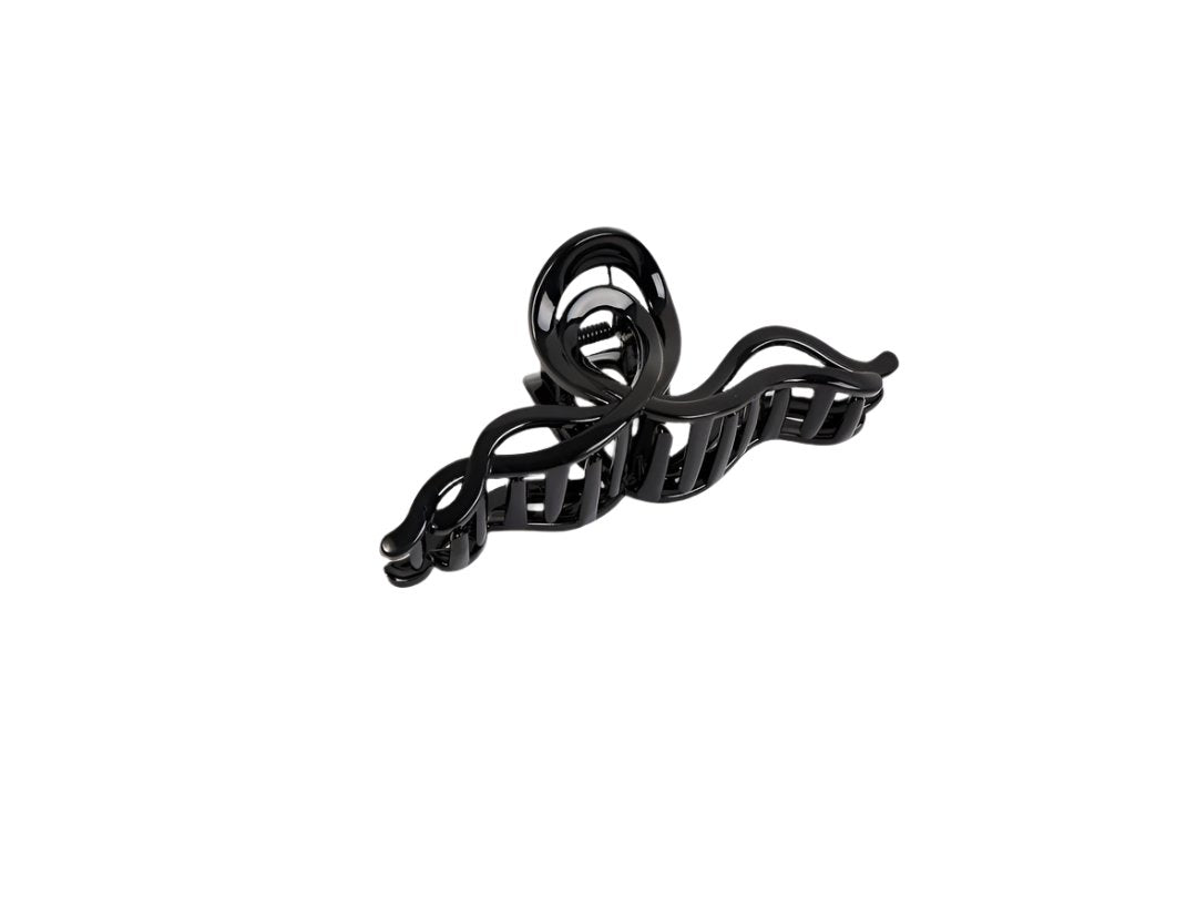 Black plastic hair clip with loop bow and comb-style barrette prongs