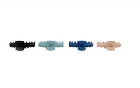 Four claw hair clips shown side by side in black, light blue, navy, beige