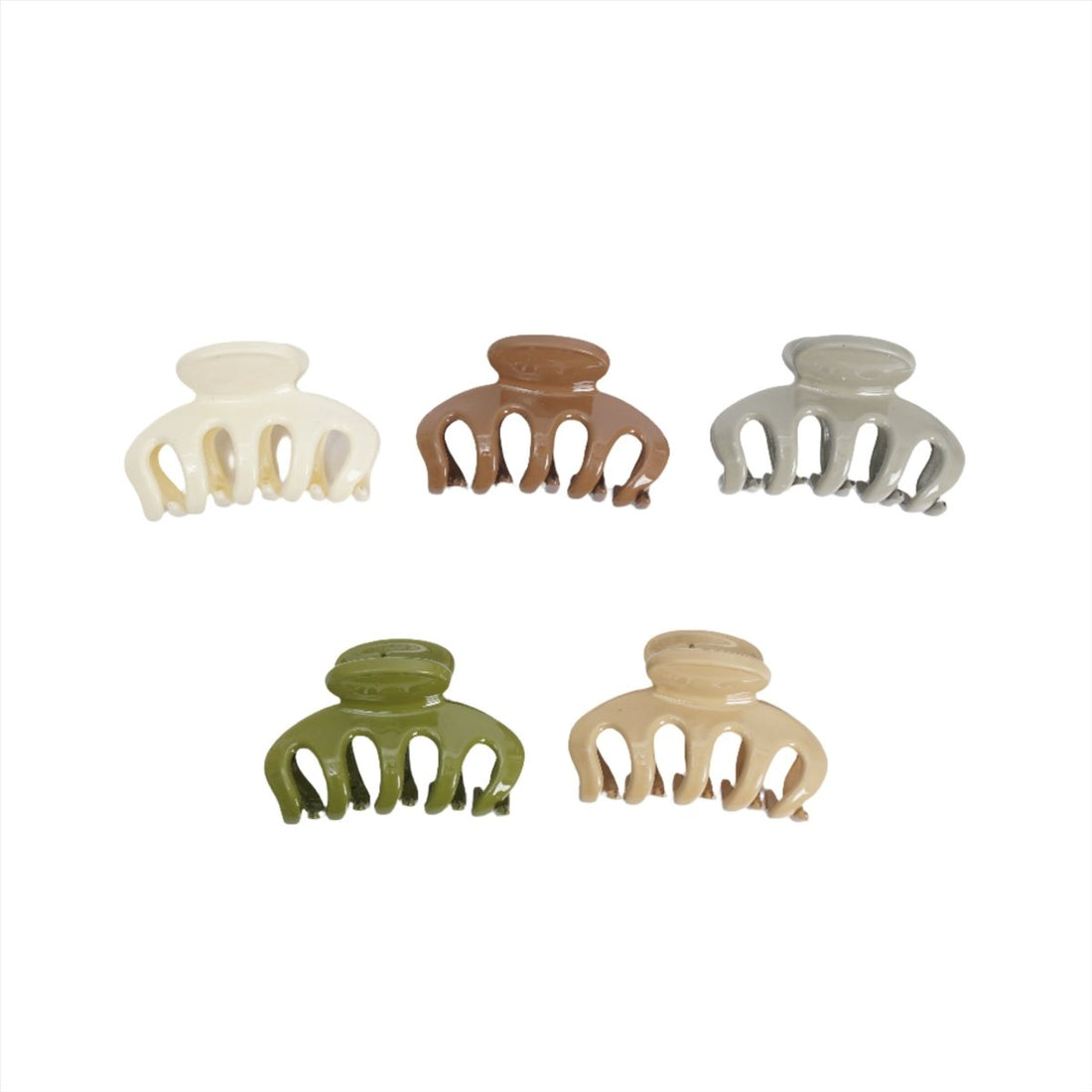 Set of plastic hair clips in white, beige, gray, brown, and green