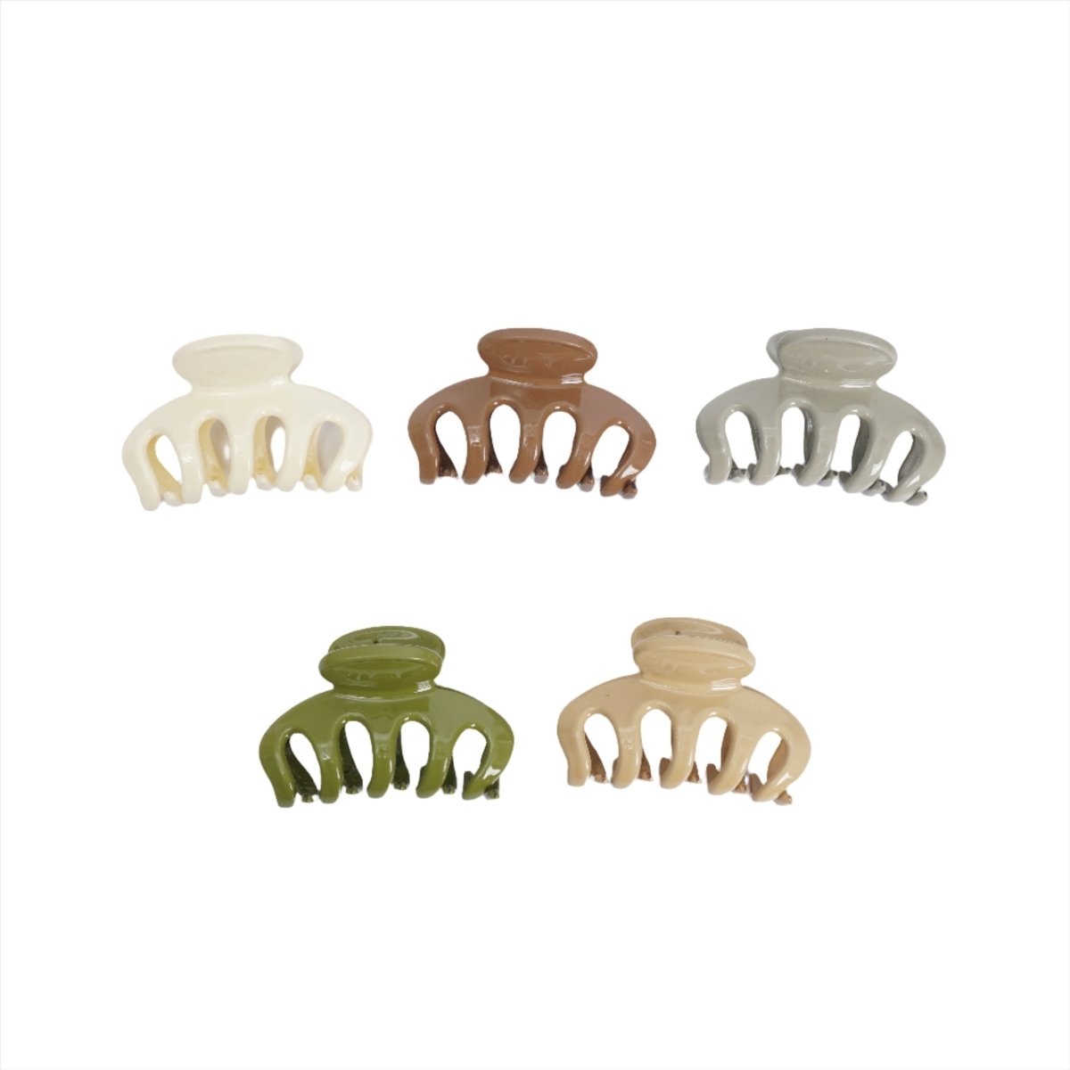 Set of plastic hair clips in white, beige, gray, brown, and green