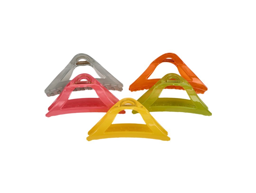 Yellow triangle plastic hair clip shown among multi-color triangle clips