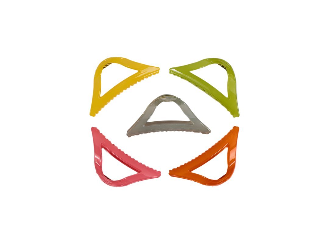 Yellow triangle plastic hair clip among five colorful triangle clips
