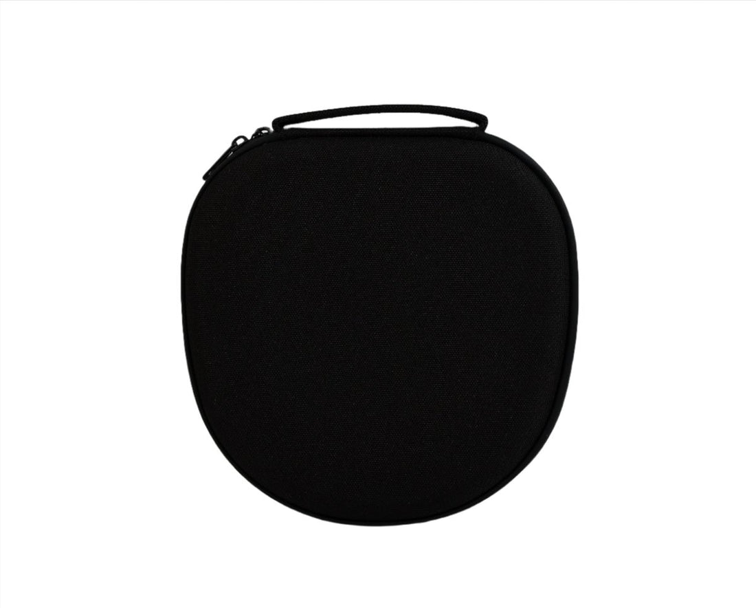 Black round headset carrying case with zippered top handle