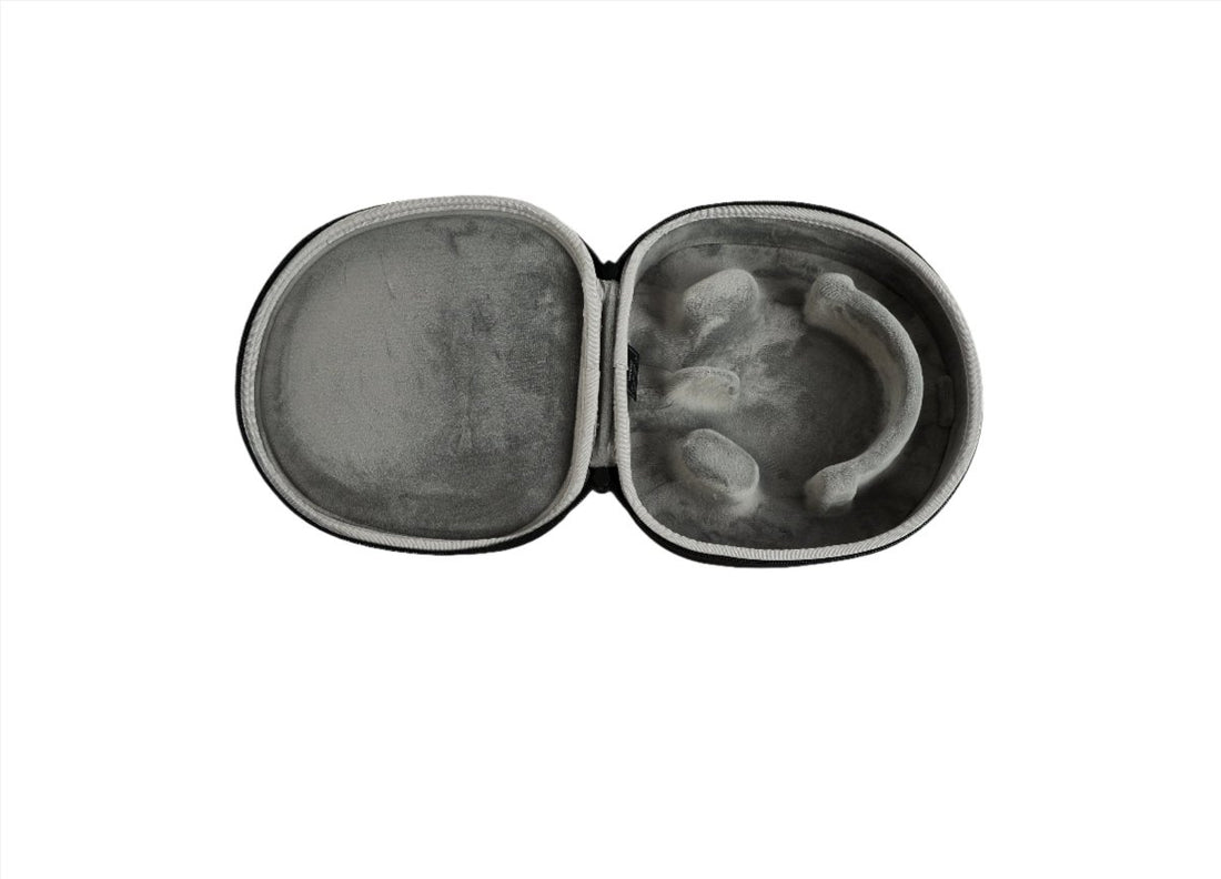 Open headset carrying case with gray interior and two padded sections