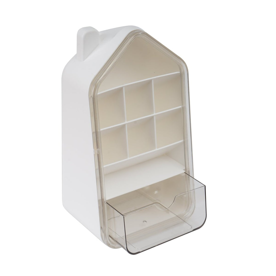 House-shaped storage box side view with clear window, internal shelves, white body