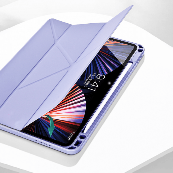 Lavender iPad folio case open view, protecting edges and corners