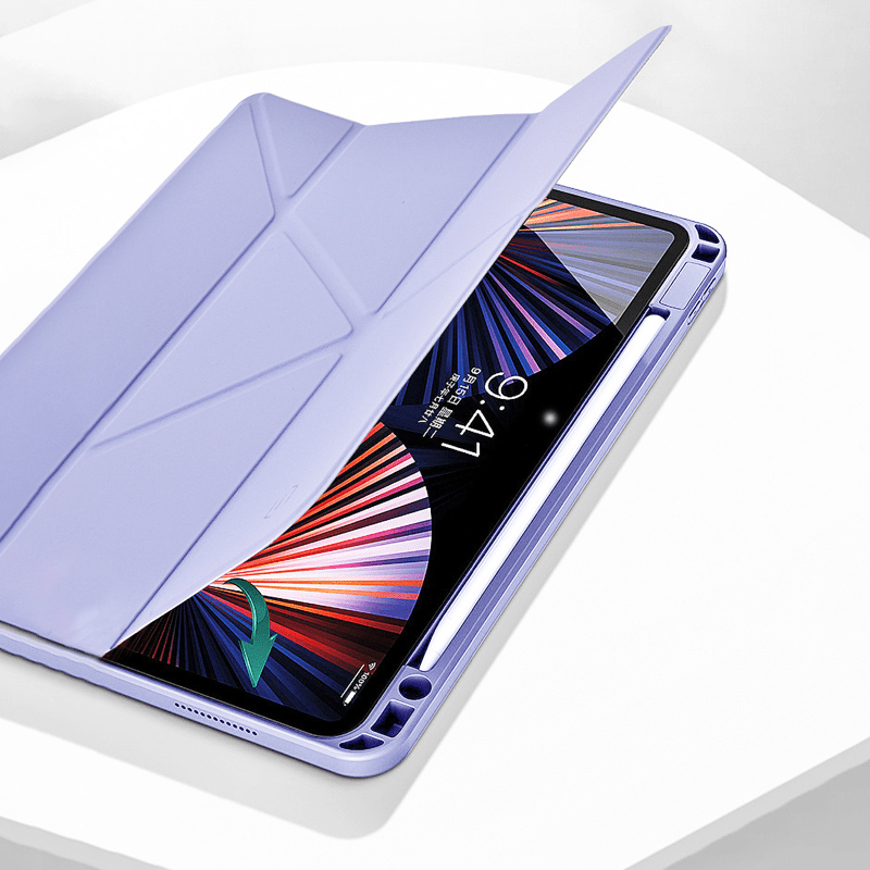 Lavender iPad folio case with front cover folded back for screen access
