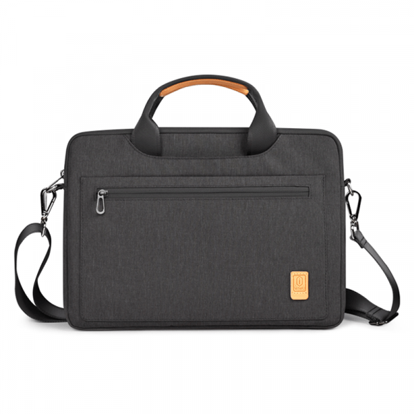 Dark gray laptop carrying case with top handle and zip front pocket, shoulder strap.