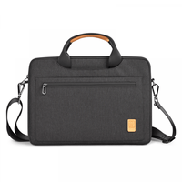 Dark gray laptop carrying case with top handle and zip front pocket, shoulder strap.