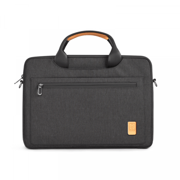 Dark gray laptop carrying case with top handle and front zip pocket, orange tag.