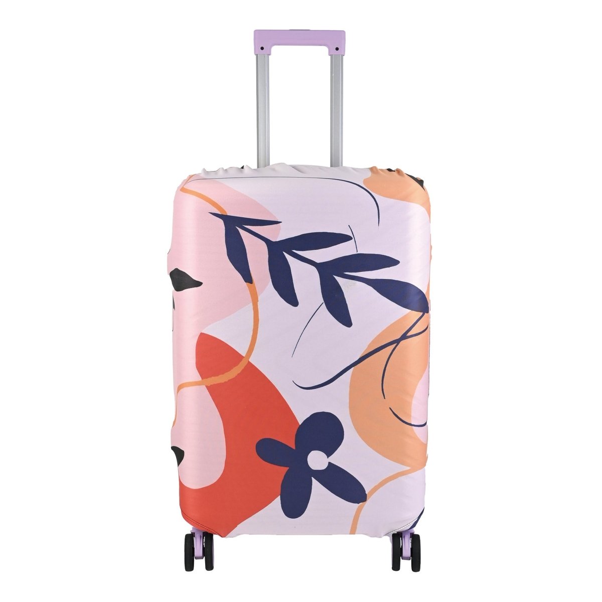 Floral luggage cover, abstract pink/orange with navy flowers; cutouts for wheels