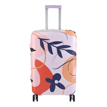 Floral luggage cover, abstract pink/orange with navy flowers; cutouts for wheels