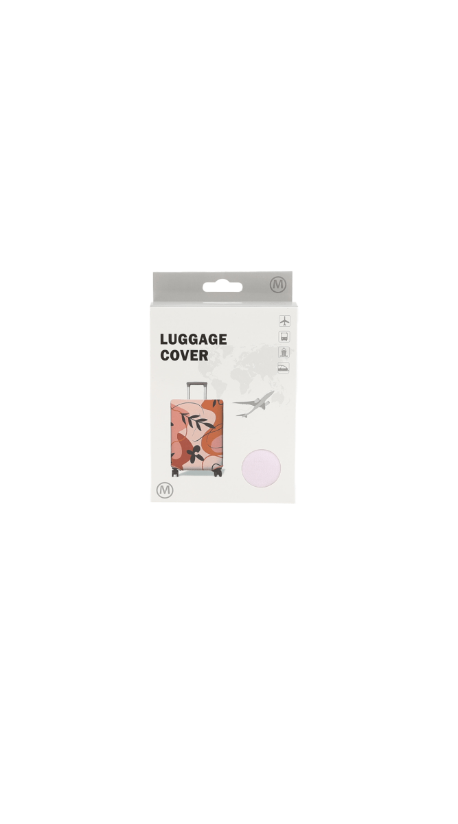 Luggage cover product package with floral design shown on card