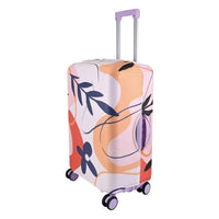 Floral luggage cover on upright suitcase, abstract pink, orange, and navy design