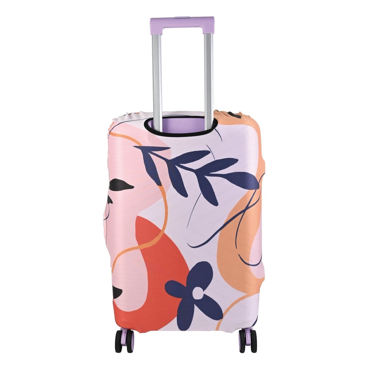 Floral luggage cover with abstract pink/orange and navy flowers; handle opening
