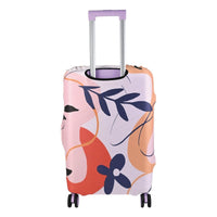 Floral luggage cover with abstract pink/orange and navy flowers; handle opening