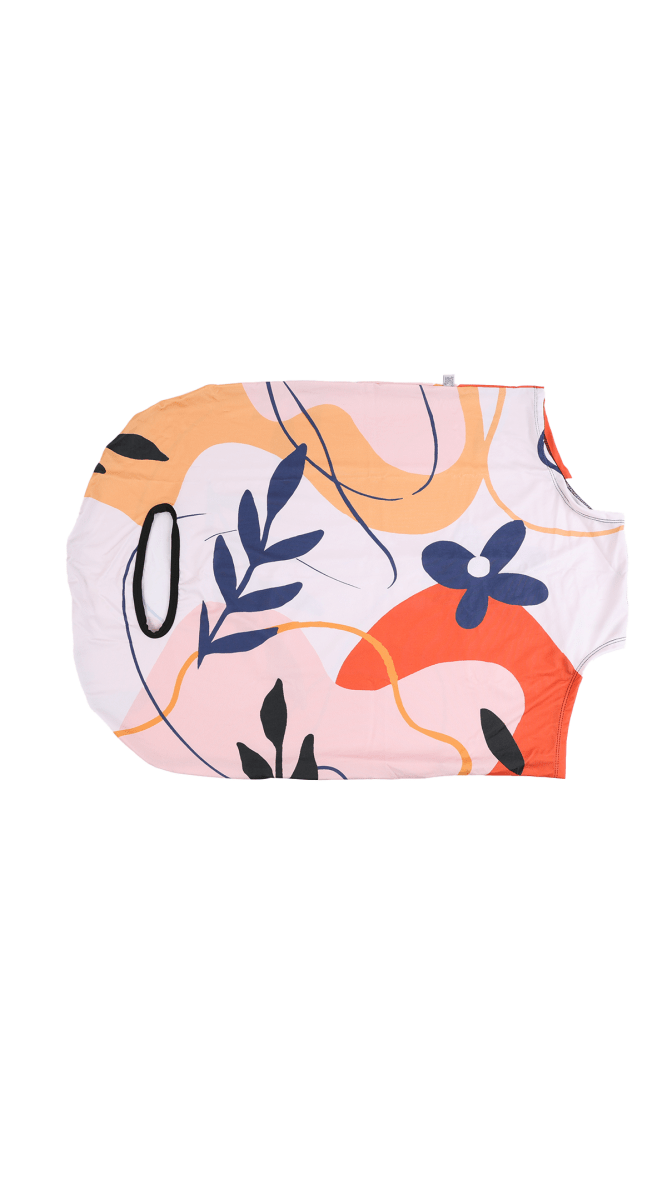 Floral luggage cover, white base with navy and orange botanical pattern; partial side view